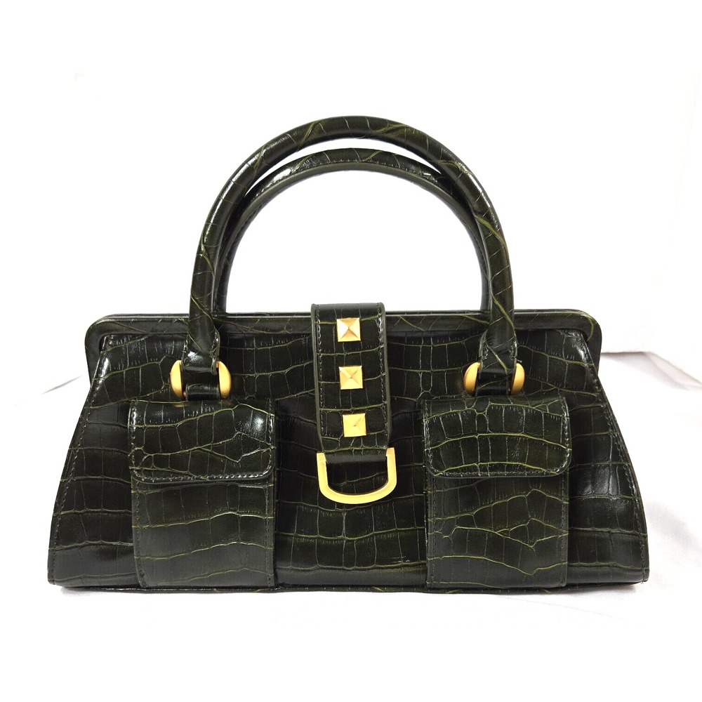New York & Company Faux Crocodile Dark Green Satchel Purse Double Handles